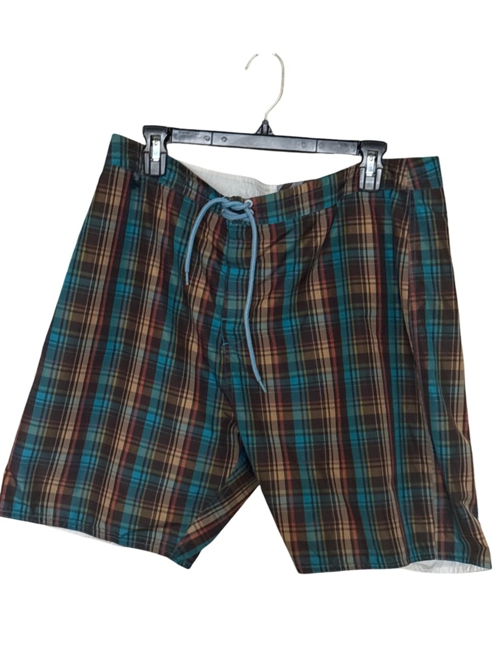 Men's Plaid Swim Trunks - Teal/Brown